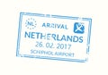 Netherlands passport stamp. Holland visa stamp for travel. Amsterdam international airport grunge sign. Immigration, arrival